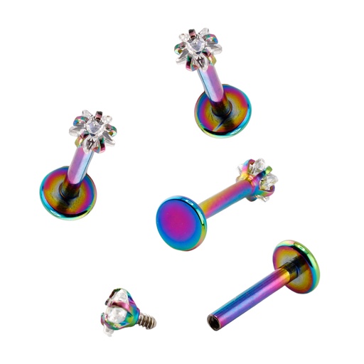 [RBS-HLAB-INT27-1.2-8-3-CC] Steel 316L Rainbow Ti-PVD Internally Threaded Labret with Star Stone in Prong Setting Top  