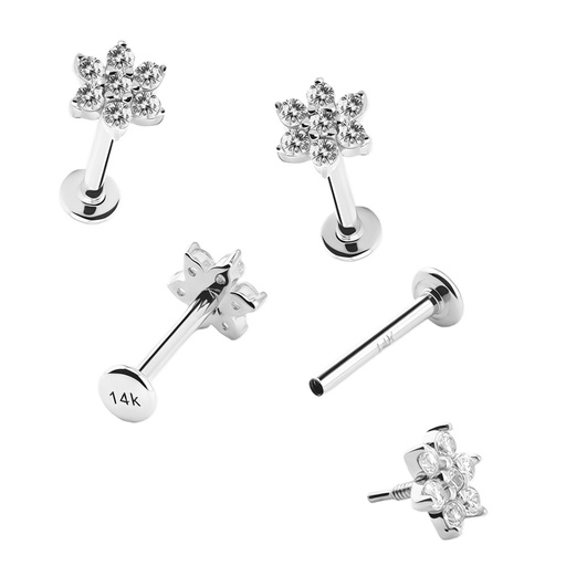 14K White Gold Flat Back Internally Threaded Labret  with  Synthetic Diamond Flower Design Top  
