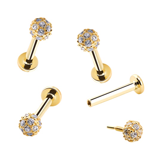 14K Real Gold Internally Labret with Disco Ball Synthetic Diamond Design Top 