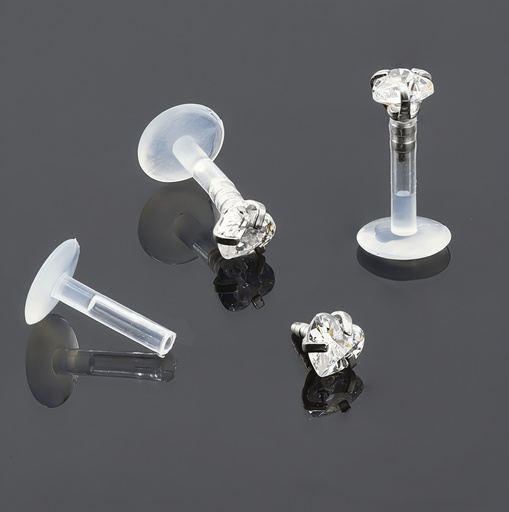 [SA-LAB-PUS03-1.2-8-4-CC] Push-In Bioflex Labret  with Steel 316L Heart Crystal Top (Prong Setting)