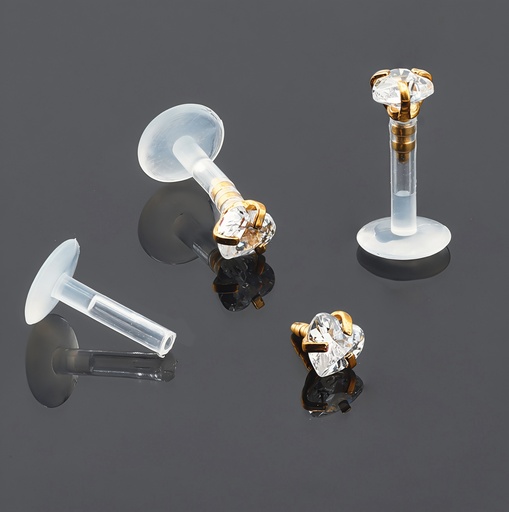 [RGSA-LAB-PUS03-1.2-6-3-CC] Push-In Bioflex Labret  with Steel 316L Rose Gold Ti-PVD Coated Heart Crystal Top (Prong Setting)  