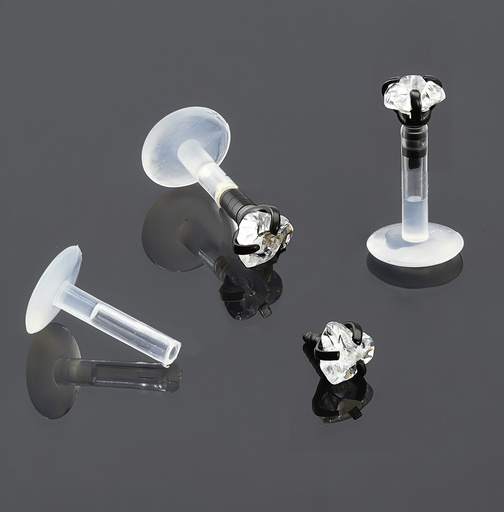 [BKSA-LAB-PUS03-1.2-6-3-CC] Push-In Bioflex Labret  with Steel 316L Black Ti-PVD Coated Heart Crystal Top (Prong Setting)    