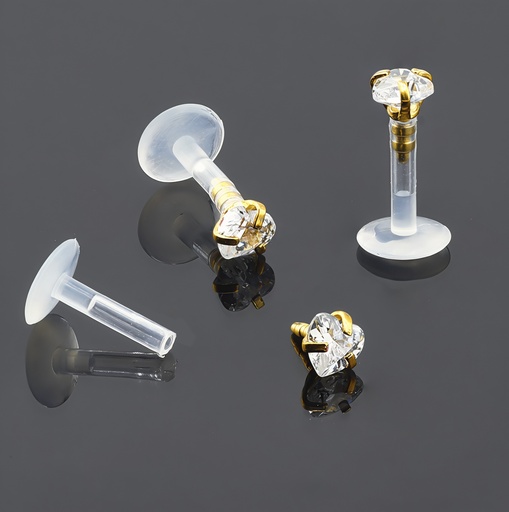 [GDSA-LAB-PUS03-1.2-6-3-CC] Push-In Bioflex Labret  with Steel 316L Gold Ti-PVD Coated Heart Crystal Top (Prong Setting)    
