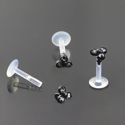 [BKSA-LAB-PUS11-1.2-8-CC] Push-In Bioflex Labret  with Steel 316L Black 3 Cluster Crystal Top (Prong Setting) 