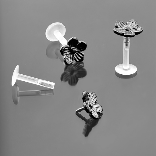 [BKSA-LAB-PUS13-1.2-8] Push-In Bioflex Labret  with Steel 316L Black Ti-PVD Coated Flower Top 