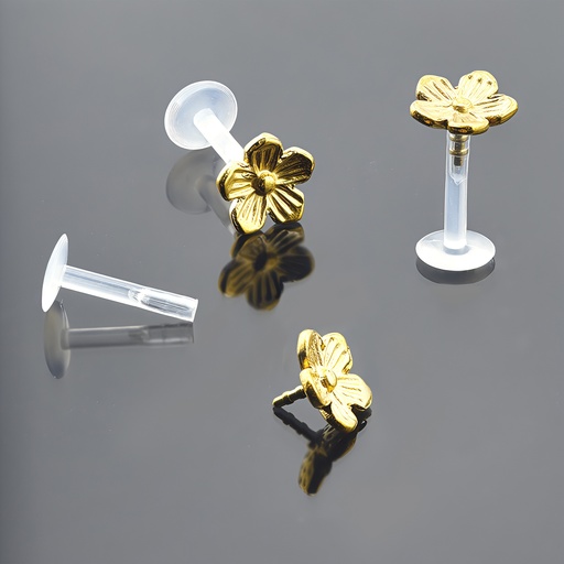 [GDSA-LAB-PUS13-1.2-8] Push-In Bioflex Labret  with Steel 316L Gold Ti-PVD Coated Flower Top      