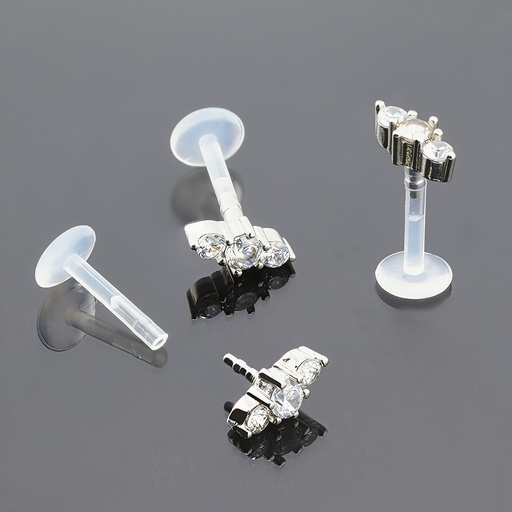 [SA-LAB-PUS14-1.2-8-CC] Push-In Bioflex Labret  with Steel 316L 3 Cluster Crystal Top        