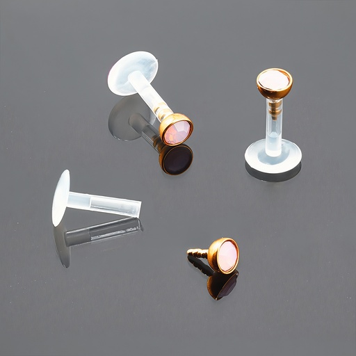 Push-In Bioflex Labret  with Steel 316L Rose Gold Ti-PVD Coated Half Ball Opal Crystal Top          