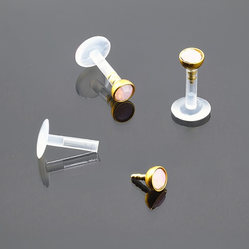 Push-In Bioflex Labret  with Steel 316L Gold Ti-PVD Coated Half Ball Opal Crystal Top             