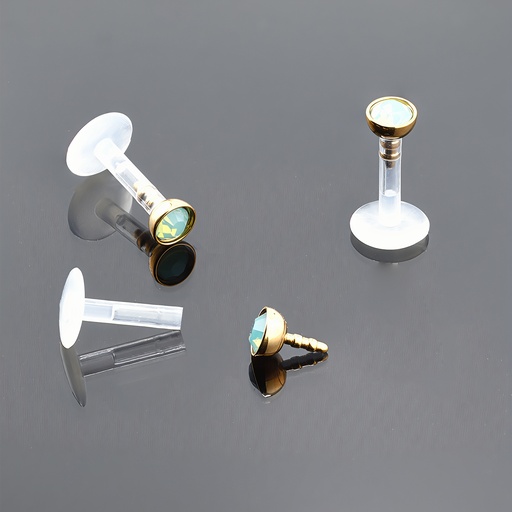 Push-In Bioflex Labret  with Steel 316L Rose Gold Ti-PVD Coated Half Ball Opal Crystal Top           