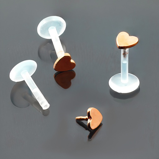 [RGSA-LAB-PUS22-1.2-8] Push-In Bioflex Labret  with Steel 316L Rose Gold Ti-PVD Coated Heart Top 