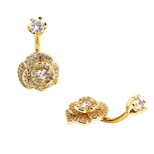 [GDS-BNC491-1.6-10-CC] Steel 316L Gold Ti-PVD Coated Belly Button Banana with CZ Stone Setting in Fashion Design - CC- Crystal Clear 