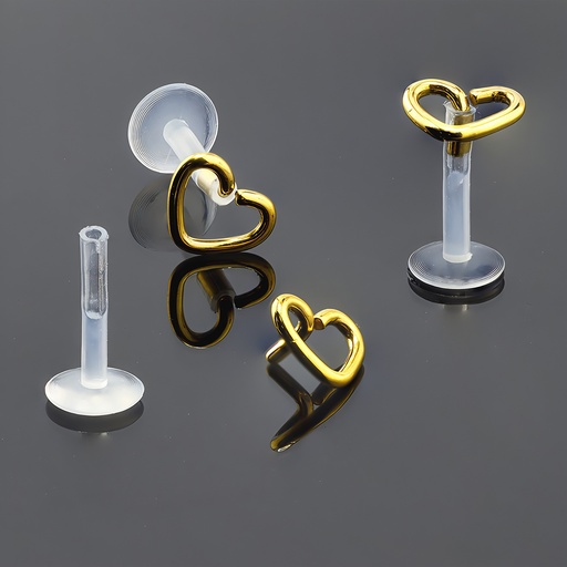 [GDSA-LAB-PUS31-1.2-8] Push-In Bioflex Labret  with Steel 316L Gold Ti-PVD Coated Hollow Heart Top 