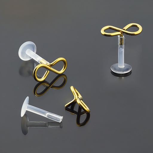 [GDSA-LAB-PUS33-1.2-8] Push-In Bioflex Labret  with Steel 316L Gold Ti-PVD Coated Infinity Design Top  