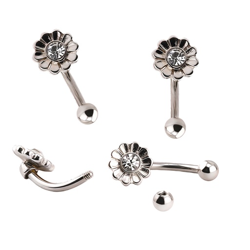 [S-BBR52-1.2-8-3-CC] Steel 316L Eyebrow Bananabell in Flower with Crystal Design 