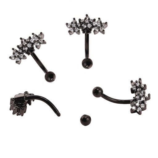 [BKS-BBR50-1.2-8-3-CC] Steel 316L Black Ti-PVD Coated Eyebrow Bananabell in 3 Stars with Crystal Design