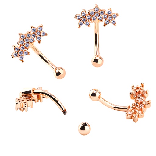 [RGS-BBR50-1.2-8-3-CC] Steel 316L Rose Gold Ti-PVD Coated Eyebrow Bananabell in 3 Stars with Crystal Design 