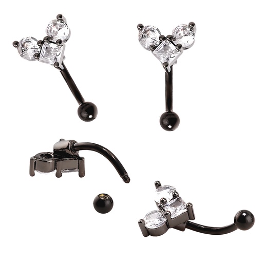 [BKS-BBR51-1.2-8-3-CC] Steel 316L Black Ti-PVD Coated Eyebrow Bananabell with 2 Round Crystals and 1 Square Crystal Design  