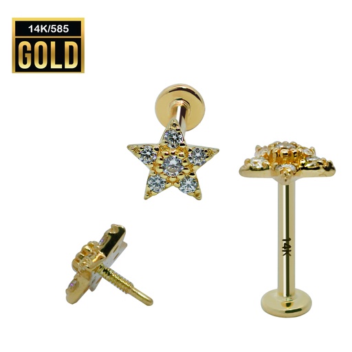 [GG-LAB-INT25-1.0-8-SD] 14K Real Gold Internally Labret with Synthetic Diamond Star Top Design 