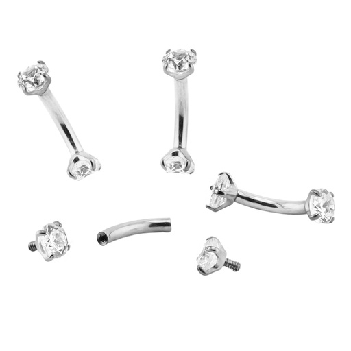 [WGT-BAN-INT52-1.2-8-3-SW] Titanium G23/ASTM F-136 White Gold Ti-PVD Coated Internally Threaded Bananabell with Premium Crystal in Prong Setting - Internal Thread 0.9mm