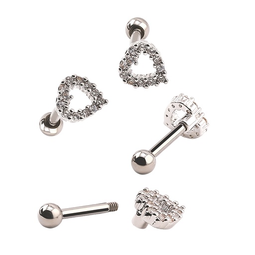 [S-SBB405-1.2-6-3-CC] Steel 316L Barbell in Heart Design with Crystals - CC Crystal Clear     