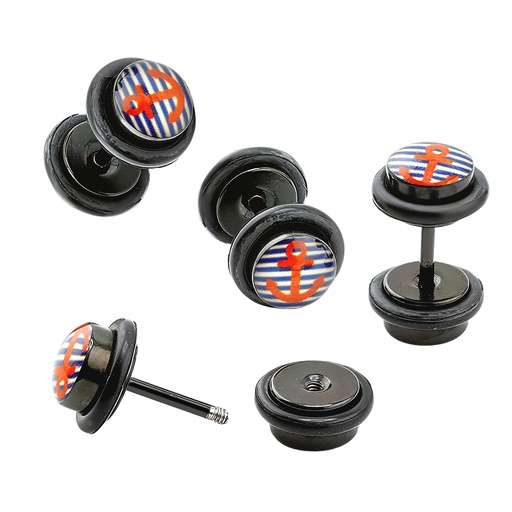 [BKS-EFP50-1.0-6-6/6] Steel 316L Black Ti-PVD Coated Ear Fake Plug with Epoxy Covered Picture Disc  