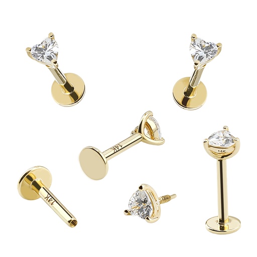 14K Real Gold Internally Labret with Synthetic Diamond Heart Shape Top Design 