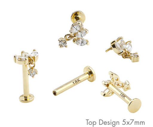 14K Real Gold Internally Labret with 3 Marquise & 1 Round Synthetic Diamond Design