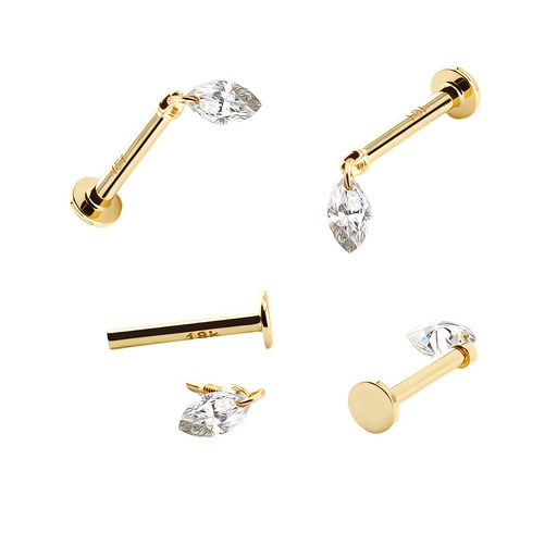 14K Real Gold Internally Labret with Dangling Marquise Synthetic Diamond Design 