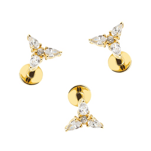 14K Real Gold Internally Labret with 3 Tear Drop & 1 Round Synthetic Diamond Design