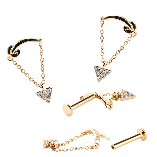 14K Real Gold Internally Threaded Hidden Helix Labret with Chain and Triangle Synthetic Diamond Design 