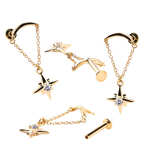 14K Real Gold Internally Threaded Hidden Helix Labret with Chain and Sparkling Synthetic Diamond Design  