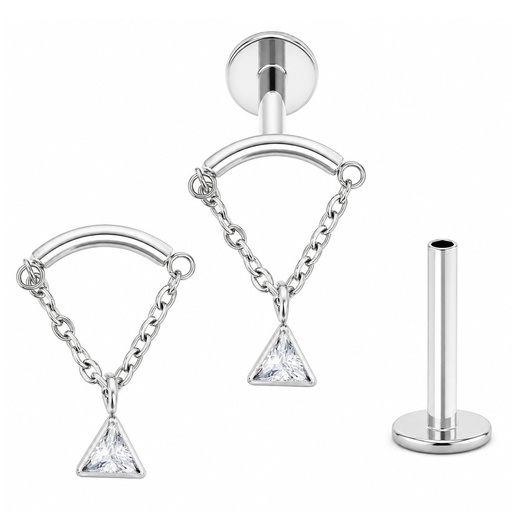 [WGT-LAB-INT70-1.2-8-CZ] Titanium G23/ASTM F-136 White Gold Ti-PVD Internally Threaded Hidden Helix Labret with Chain and Triangle Cubic Zirconia Center Top, Internal Thread 0.9mm