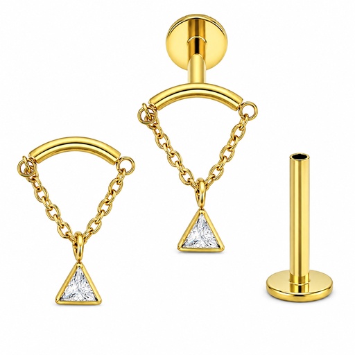 [GDT-LAB-INT70-1.2-8-CZ] Titanium G23/ASTM F-136 Gold Ti-PVD Internally Threaded Hidden Helix Labret with Chain and Triangle Cubic Zirconia Center Top, Internal Thread 0.9mm 