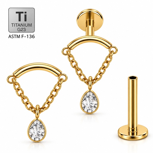 Titanium G23/ASTM F136 Gold Ti-PVD Coated Internally Threaded Hidden Helix Labret with Chain and Drop Cubic Zirconia Center Top, Internal Thread 0.9mm 