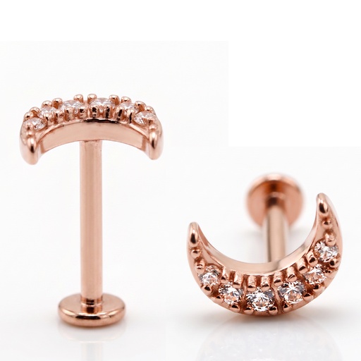 Steel 316L Rose Gold Ti-PVD Coated Internally Labret in Moon Design with Cubic Zirconia - (Full Steel)