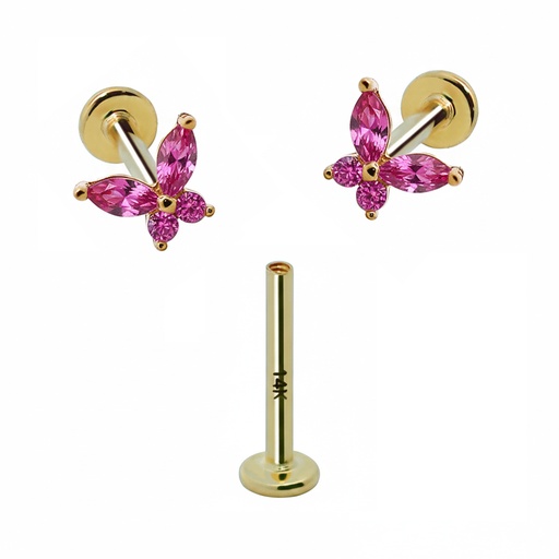 [GG-LAB-INT40-1.2-6-TU] 14K Real Gold Internally Threaded Labret with Natural Gem Stone Butterfly Top 