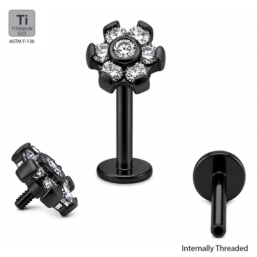 [BKT-LAB-INT91-1.2-8-CC] ASTM F136 Titanium G23 Black Ti-PVD Coated Internally Threaded Labret with Bezel Set Cubic Zirconia Stone Flower Top     