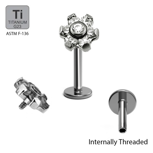 [BKT-LAB-INT91-1.2-8-CC] ASTM F136 Titanium G23 Black Ti-PVD Coated Internally Threaded Labret with Bezel Set Cubic Zirconia Stone Flower Top     