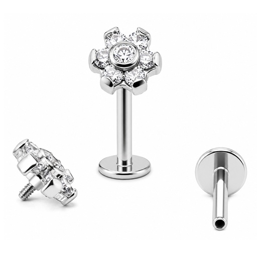 [WGT-LAB-INT91-1.2-8-CC] ASTM F136 Titanium G23 White Gold Coated Internally Threaded Labret with Bezel Set Cubic Zirconia Stone Flower Top     