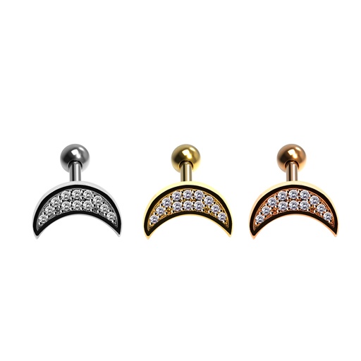 Steel 316L Barbell in Moon Design with Crystals - CC Crystal Clear