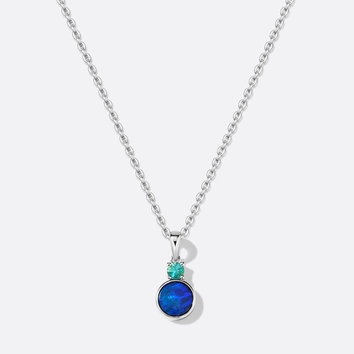 [PLO-N-02-25] Palm Ocean 18k White Gold Necklace with Natural Black Opal Doublet and High Quality Natural Emerald