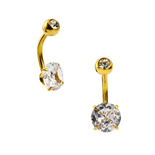 [GDS-BAN68-1.6-10-5/8-CZ] Steel 316L Gold Ti-PVD Coated Belly Button Banana with Prong Set Round Cubic Zirconia (5+8mm)
