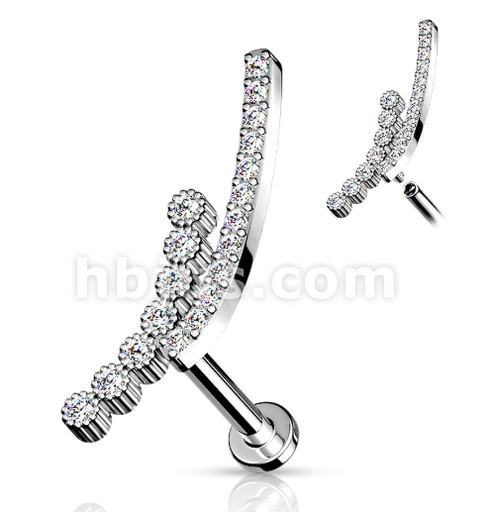 [S-LAB-INT64-1.2-8-CZ] Steel 316L Internally Labret in Double Lined Cubic Zirconia Paved Curve Top - Labret base 3mm