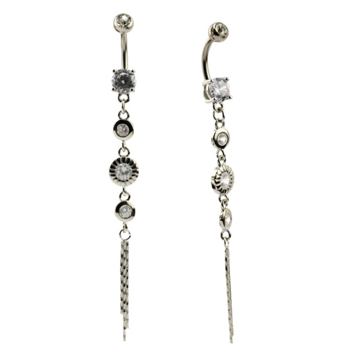 [S-BDC600-1.6-10-5-CZ] Steel 316L Belly Button Banana with Cubic Zirconia Centered Drops With Chain End 