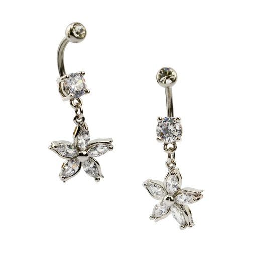 [S-BDC601-1.6-10-5-CZ] Steel 316L Belly Button Banana in Flower with Cubic Zirconia Shard Petals Dangle