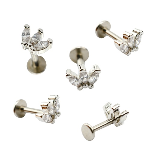 [S-LAB-INT65-1.2-6-CZ] Steel 316L Internally Labret with Triple Marquise Cubic Zirconia Top - Labret base 4mm