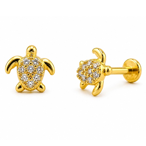 [GDS-LAB-INT68-1.2-6-CZ] Steel 316 Gold Ti-PVD Coated Internally Labret with Cubic Zirconia Paved Turtle Top - Labret base 4mm