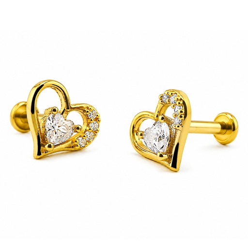 [GDS-LAB-INT70-1.2-6-CZ] Steel 316L Gold Ti-PVD Internally Labret with Paved Heart Contour with Heart Cubic Zirconia Solitaire Top - Labret base 3mm
