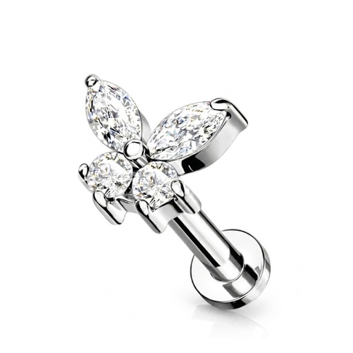 [S-LAB-INT72-1.2-6-CZ] Steel 316L Internally Labret in Cubic Zirconia Butterfly Top - Labret base 3mm